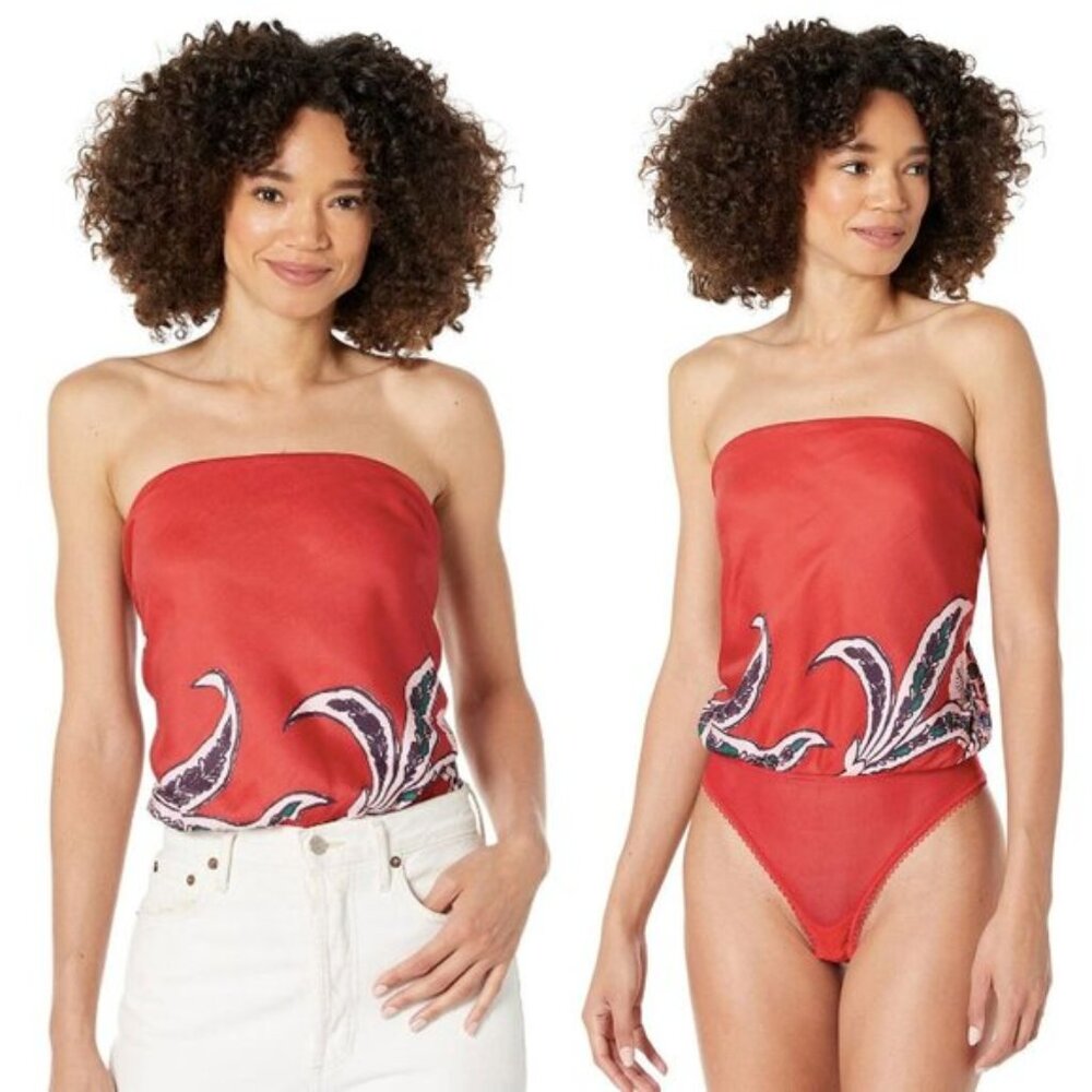 Free People SPELLBOUND Satin Mesh Thong Bodysuit Tie Back Floral Strapless Red